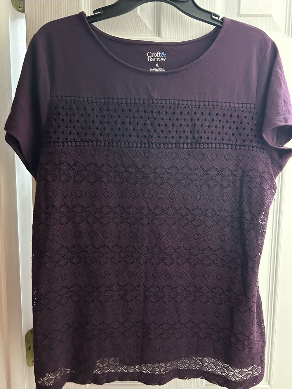 croft & barrow Purple Short Sleeve Lace Front Tee